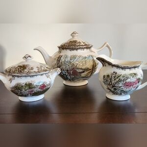 Johnson Brothers “The Friendly Village” Teapot, Sugar Bowl, Creamer, S&P Shakers